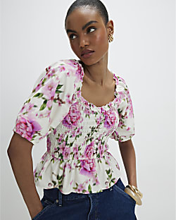 White Floral Puff Sleeve Shirred Top