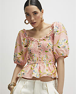 Pink Floral Puff Sleeve Shirred Top