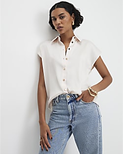 Cream Satin Short Sleeve Shirt