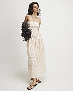 Beige Cotton Broderie Full Maxi Skirt