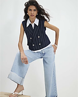 Navy Boxy Pinstripe Hybrid Waistcoat