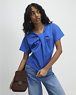 Blue Short Sleeve Twist Front Top