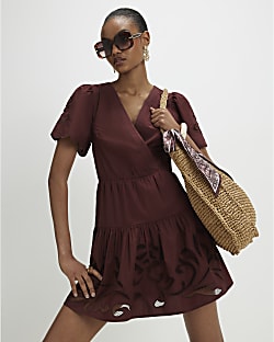 Brown Short Sleeve Poplin Broderie Mini Dress