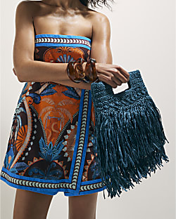 Blue Raffia Fringed Clutch Bag