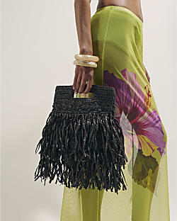 Brown Raffia Fringed Clutch Bag