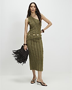 Khaki Knitted Fringed Midi Skirt
