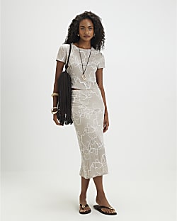 Beige Floral Embroidered Midi Skirt