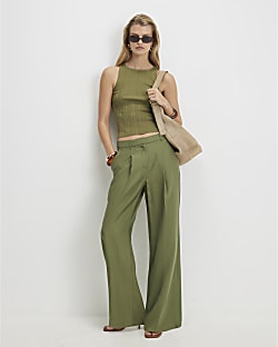 Green Pleat Detail Wide Leg Trousers