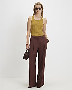 Brown Pleat Detail Wide Leg Trousers