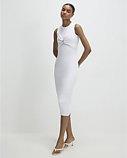 White Knitted Sleeveless Midi Dress