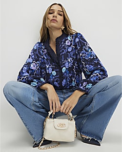 Blue Floral Long Sleeve Ruffle Blouse