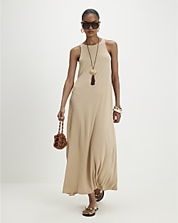 Beige Sleeveless Modal Maxi Dress