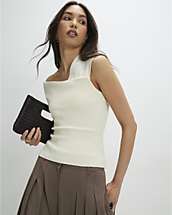 Cream Knitted One Shoulder Bardot Top
