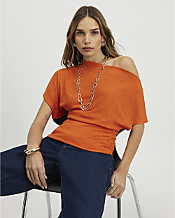 Orange Short Sleeve Fitted Hem Drape Top