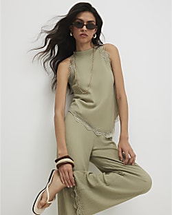 Green Lace Trim Textured Halter Neck Top