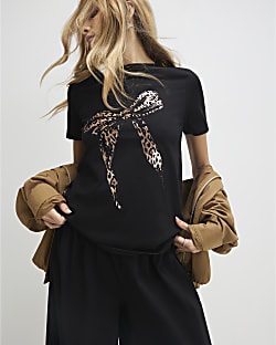 Black Leopard Print Bow Graphic T-shirt