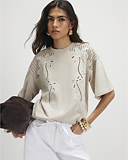 Beige Cotton Blend Palm Broderie T-shirt