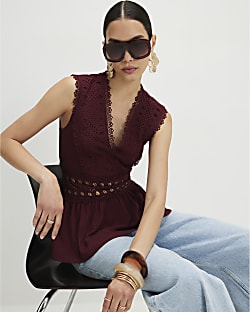 Red Crochet V Neck Tie Back Top