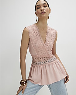 Pink Crochet V Neck Tie Back Top