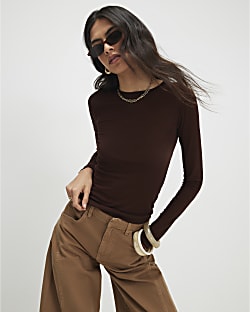 Brown Long Sleeve Semi Sheer Top