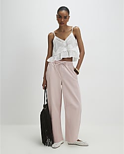 Pink Denim Elasticated Tapered Trousers