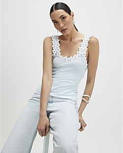 Blue Floral Diamante Trim Tank Top