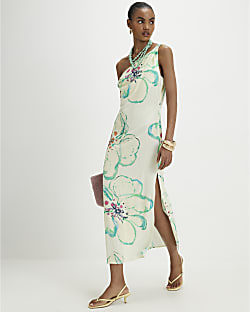 Green Linen Blend Asymmetric Midi Dress