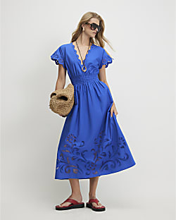 Blue Cotton Embroidered Midi Dress