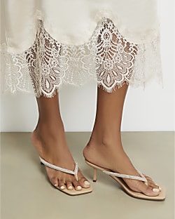 Beige Diamante Toe Thong Heeled Sandals