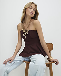 Brown Sleeveless Peplum Bandeau Top