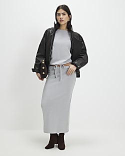 Petite Grey Cosy Ribbed Maxi Skirt