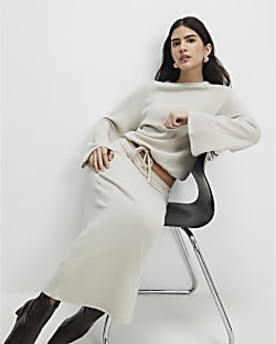 Petite Cream Cosy Ribbed Skirt