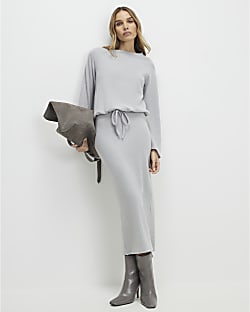 Grey Cosy Ribbed Midi Skirt
