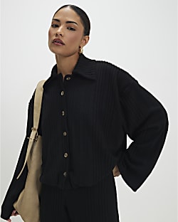 Petite Black Cosy Bubble Hem Cardigan