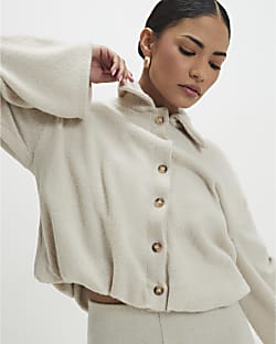 Petite Beige Cosy Bubble Hem Cardigan