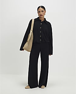 Petite Black Cosy Wide Leg Ribbed Trousers