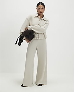 Petite Beige Cosy Wide Leg Ribbed Trousers