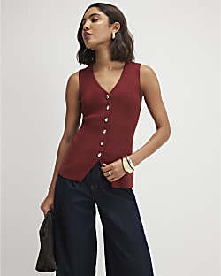 Red Longline Knit Waistcoat