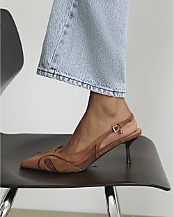 Brown Mesh Splice Slingback Court Heels