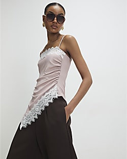 Pink Sleeveless Lace Trim Cami Top