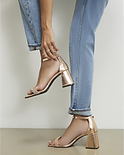 Rose Gold Diamante Strap Block Heel Sandals