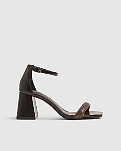 Brown Diamante Strap Closed Back Block Heels