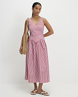 Red Petite V Neck Stripe Midi Dress