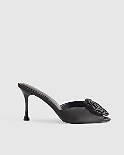Black Satin Rose Mule Heeled Sandals