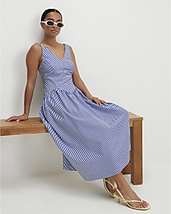 Petite Navy V Neck Stripe Midi Dress