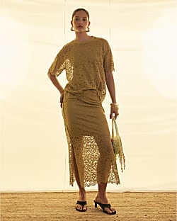 Khaki Cotton Blend Lace Midi Skirt