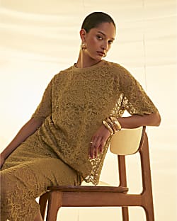Khaki Cotton Blend Short Sleeve Lace T-shirt