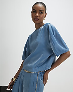 Blue Short Sleeve Shimmer Tailored Top