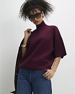 Red Oversized Knitted High Neck Top