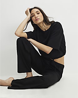 Black Bubble Hem Jersey Loungewear Set
